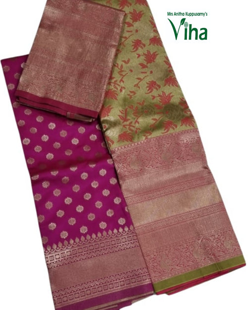 Semi Banarasi Silk Half Saree Set, magenta and gold-toned with woven borders