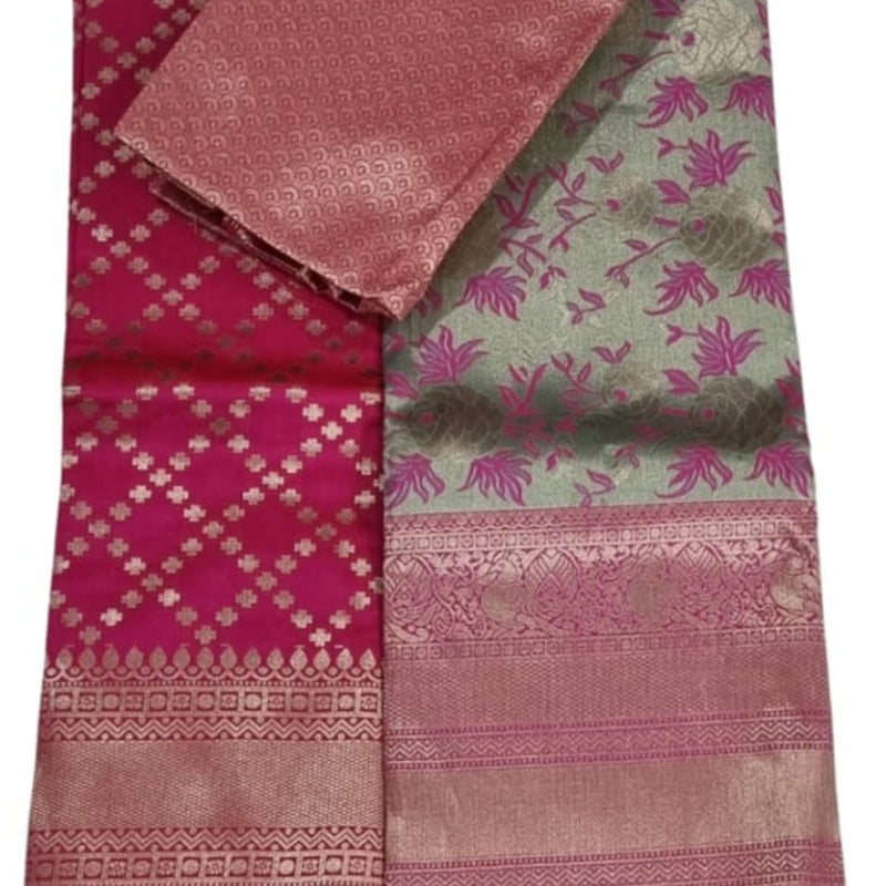 Semi Banarasi Silk Half Saree Set, pink and silver-toned with a woven geometric pattern