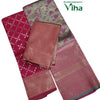 Semi Banarasi Silk Half Saree Set, three folded textiles featuring grey, pink, and rose-pink surfaces with woven floral and geometric patterns