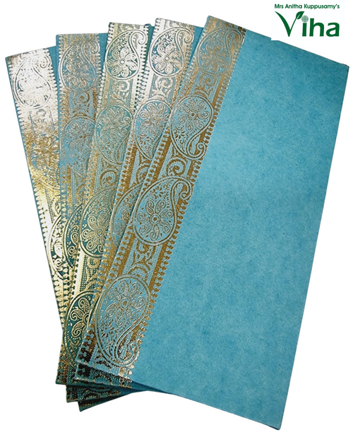 Gift Cover with blue and gold-toned envelopes and fan arrangement