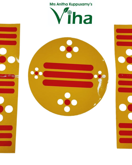 Saiva Nilaivasal Sticker, three yellow stickers with red bar and dot patterns, two rectangular and one round