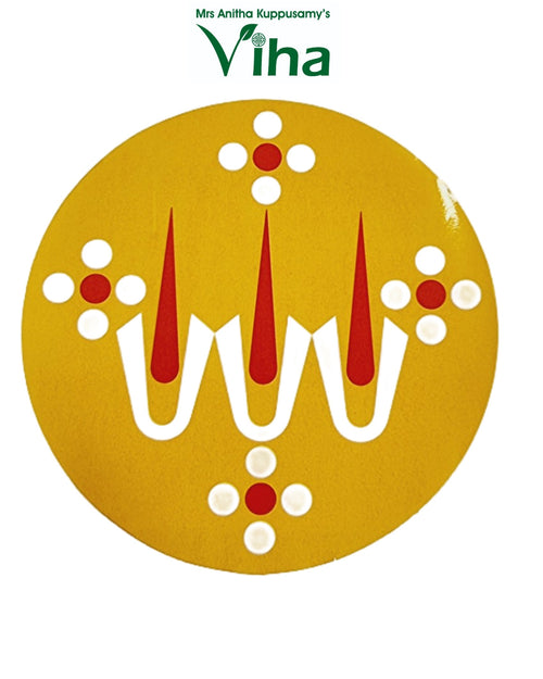 Perumal Namam Sticker, a round yellow-toned object with a matte surface, featuring three white shapes, three red triangles, and four floral motifs with red dots