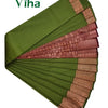 Soft Semi Silk Saree with Blouse, a green folded fabric featuring a patterned orange-toned border with geometric squares and paisley designs