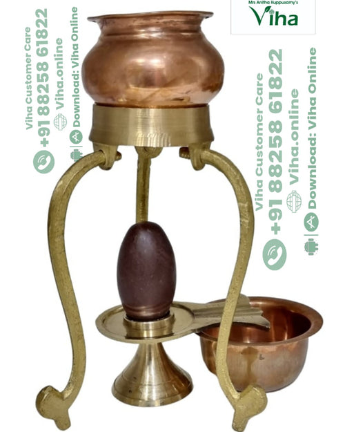 Narmadeshwar Shivling with Copper Lotta, five-piece set: copper pot on a three-legged stand above a dark oval shivling