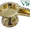 Abisheg Stand, brass dish with a studded rim and a long open channel projecting from one side, on a pierced pedestal foot