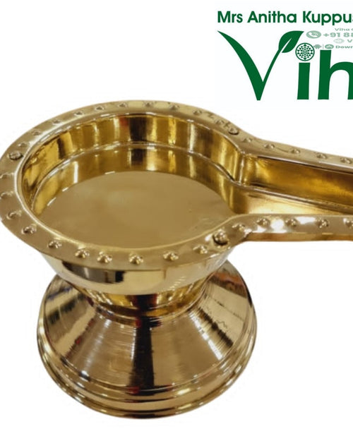 Abisheg Stand, shallow round brass dish with beaded rim and a projecting open channel, on a wide flared foot