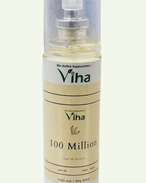 100 Million Perfume, a tall, round, clear glass spray bottle with a white label and a transparent cap, filled with pale yellow liquid