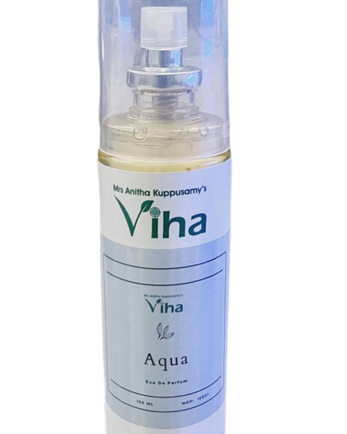 Aqua Perfume, a tall round translucent spray bottle with a glossy white label bearing blue and green text