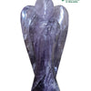 Amethyst Angel, one carved purple stone winged figure featuring a smooth polished surface, two elongated wings, and white crystalline veins