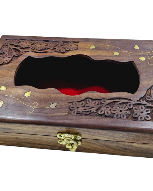 Wooden Tissue Holder with carved floral pattern on the top surface