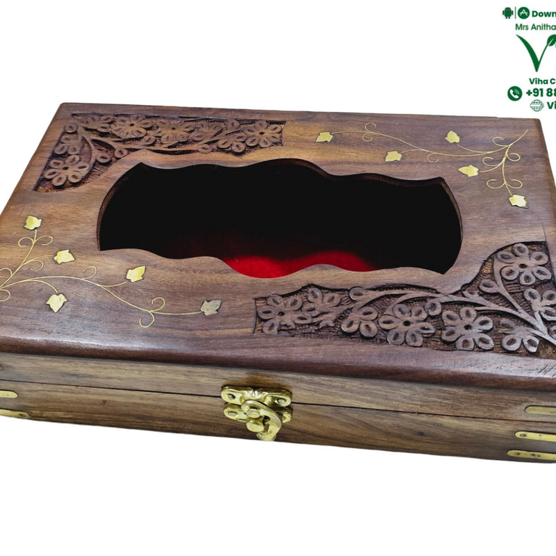 Wooden Tissue Holder with carved floral pattern on the top surface
