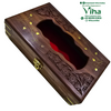Wooden Tissue Holder, a brown carved rectangular box featuring a scalloped opening, gold-toned inlays, hinges, and clasp