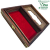 Wooden Tissue Holder, an open brown rectangular box with red lining and gold-toned metal latches and hinges, featuring a wavy cutout in the lid