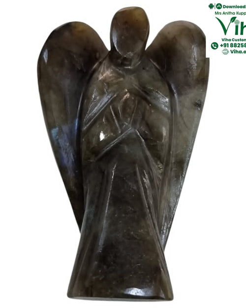 Labradorite Stone Angel, a dark grey figure with carved wings and folded hands