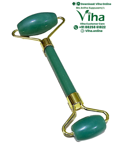 Jade Face Roller, a green stone dual-ended face roller with gold-toned metal hardware