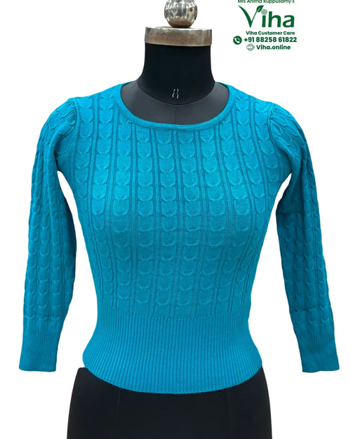 Thermal Blouse Free Size, turquoise vertical cable knit pattern and long sleeves