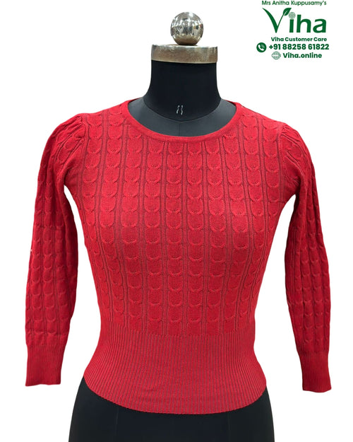 Thermal Blouse Free Size, red cable knit pattern and ribbed hem
