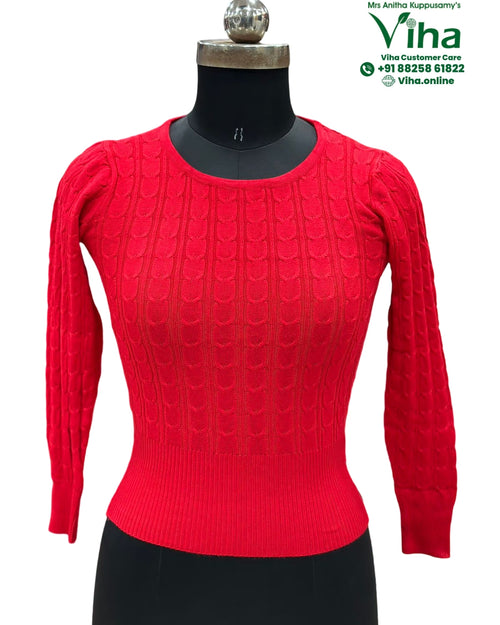 Thermal Blouse Free Size, red cable knit texture and round neckline
