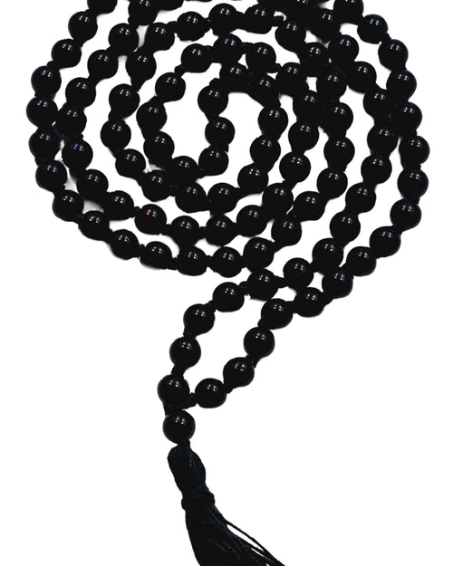 Black Agate (Hakik) Mala, coiled necklace with tassel
