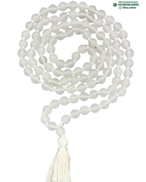 Moon Stone Mala 108+1 Beads with dangling tassel and knotted string