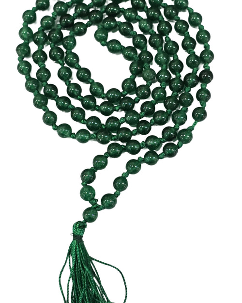 Green Jade Mala 108+1 Beads, hanging tassel and knotted string