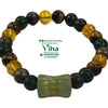 Zibu Money Coin Bracelet, green, brown and yellow beads with a jade-green coin charm