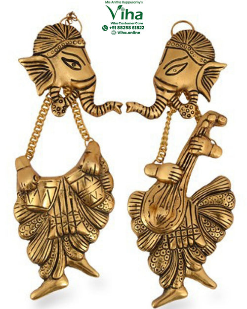 Wall Hanger Ganesha Antique, two gold-toned, antique-finish metallic dangle elements featuring figures playing instruments and wearing elaborate headdresses