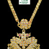Impon Chain with Pendant, a gold-toned linked chain holds a shiny pendant encrusted with clear stones, red stones, and fourteen dangling beads
