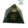 Green Aventurine Pyramid with Money Symbols, a smooth-surfaced dark green pyramid with gold-toned symbols and chips inside