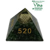 Green Aventurine Pyramid with Money Symbols, a dark green pyramid with golden geometric patterns and numbers