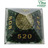 Green Aventurine Pyramid with Money Symbols, rough stones suspended inside