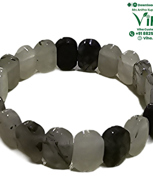 Black Rutile Quartz Bracelet, rectangular grey and black faceted beads in a circle