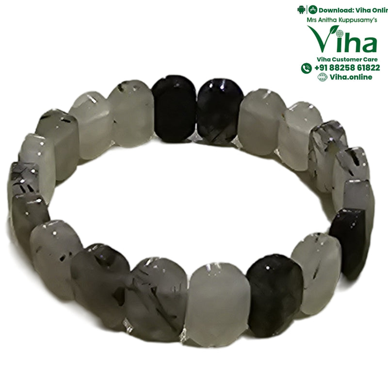Black Rutile Quartz Bracelet, rectangular grey and black faceted beads in a circle
