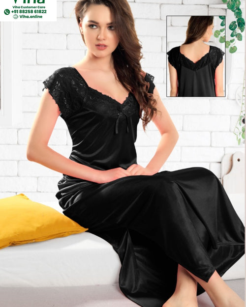 1 Piece Silk Nighty Free Size, black with lace trim on the shoulders and neckline