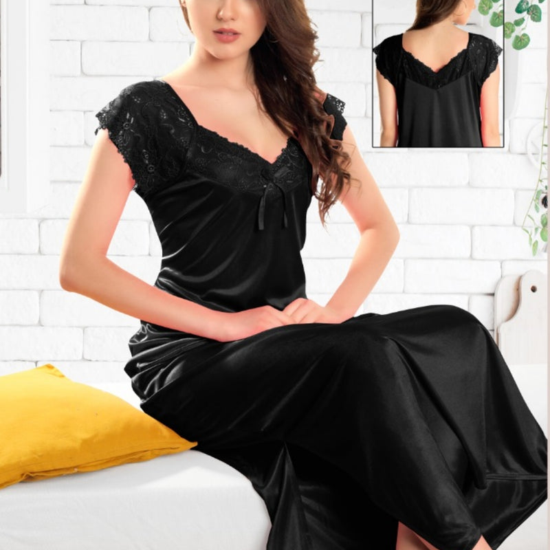 1 Piece Silk Nighty Free Size, black with lace trim on the shoulders and neckline