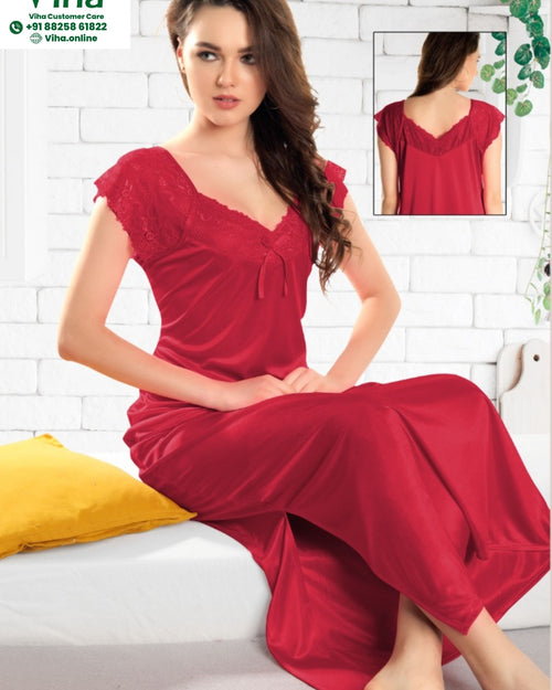 1 Piece Nighty Free Size, red with a v-neckline and lace trim
