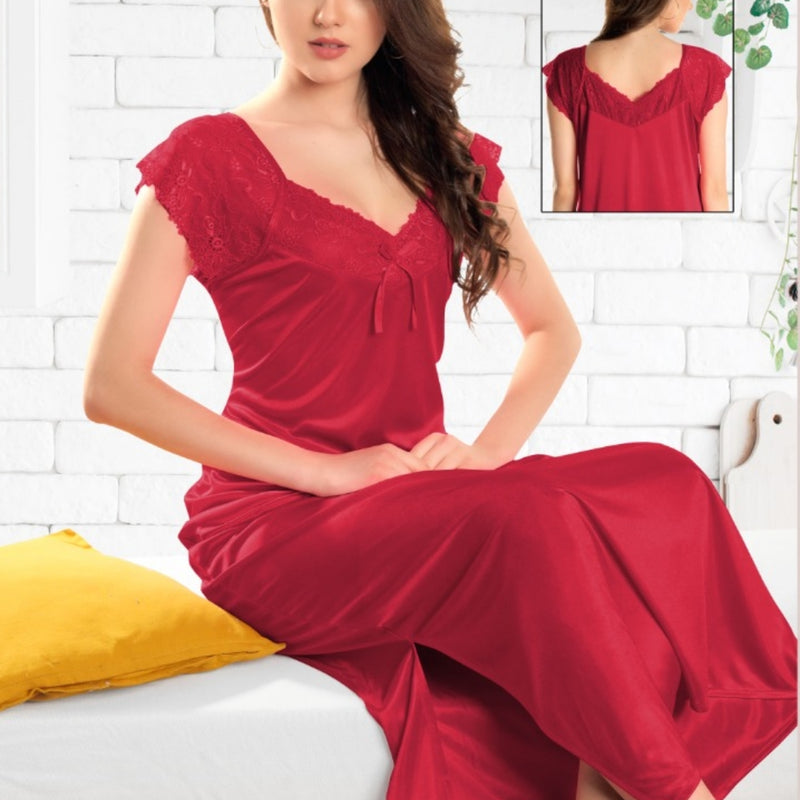 1 Piece Nighty Free Size, red with a v-neckline and lace trim