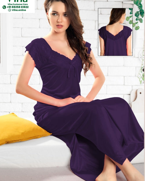 1 Piece Nighty Free Size, dark purple with a scalloped neckline and lace trim