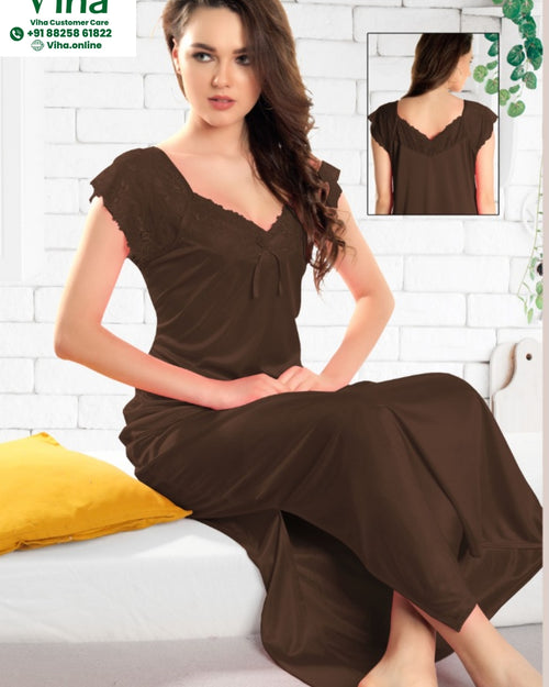 1 Piece Silk Nighty Free Size, brown with scalloped lace trim around the neckline and sleeves