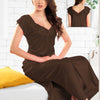 1 Piece Silk Nighty Free Size, brown with scalloped lace trim around the neckline and sleeves