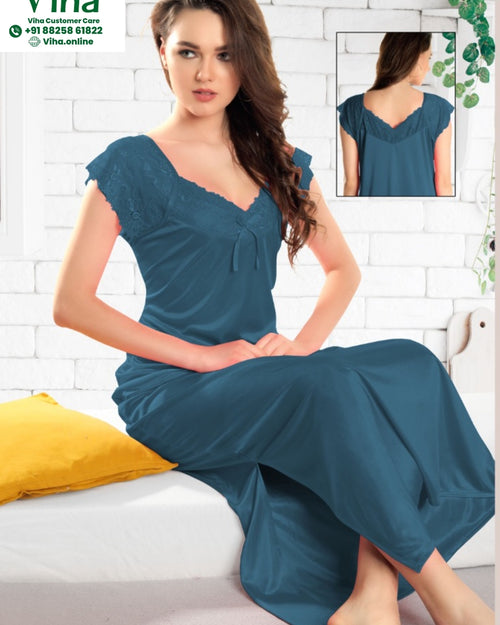 1 Piece Silk Nighty Free Size, blue with lace trim on the shoulders and neckline