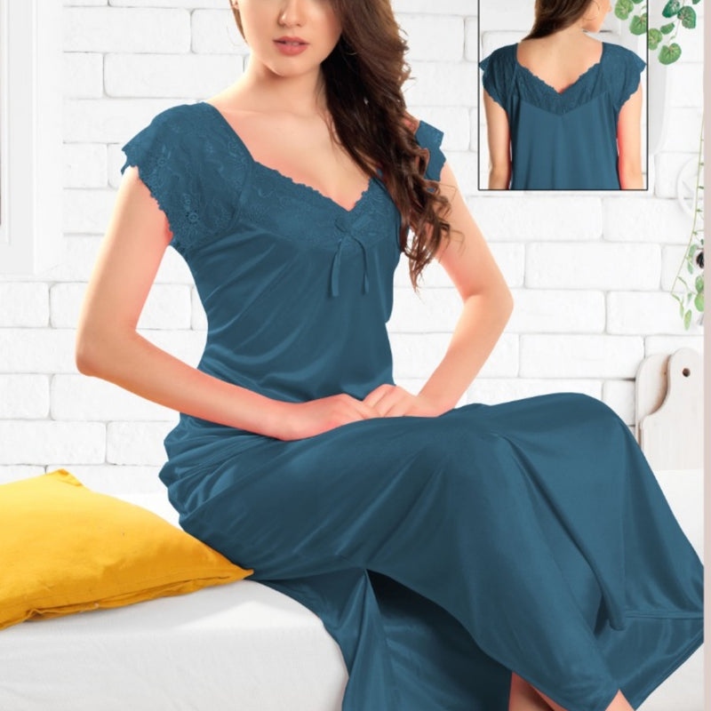 1 Piece Silk Nighty Free Size, blue with lace trim on the shoulders and neckline