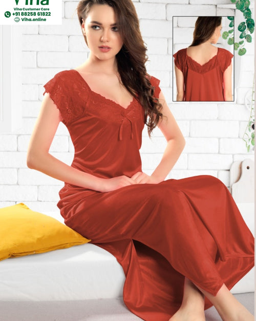 1 Piece Silk Nighty Free Size, rust red with lace trim on the shoulders and neckline