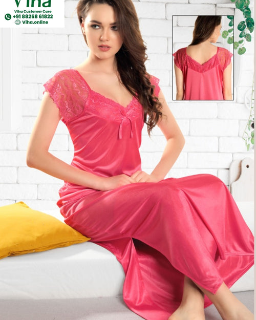 1 Piece Silk Nighty Free Size, pink with lace cap sleeves