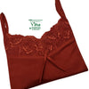 Silk Nighty Free Size, a rust-colored camisole featuring floral lace trim at the neckline and a small center bow, with two thin shoulder straps