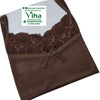 Silk Nighty Free Size, a folded brown top featuring matte fabric, a sheer patterned lace neckline, two narrow straps and one central ribbon bow