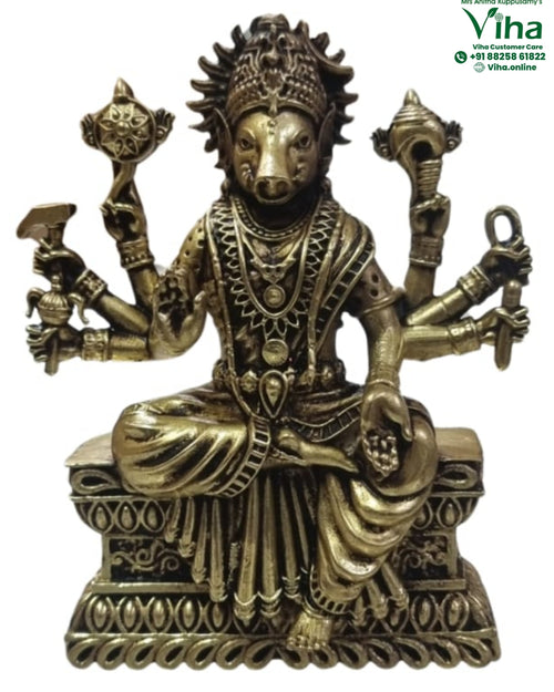 Varahi Amman Statue in brass with a boar head and multi-armed seated figure