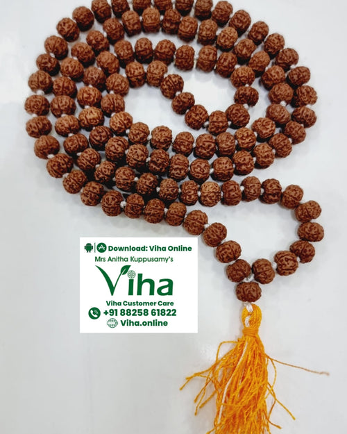6 Face Rudraksh Mala 108+1 Beads, a strand of rough brown beads with a yellow tassel