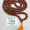 6 Face Rudraksh Mala 108+1 Beads, a strand of rough brown beads with a yellow tassel