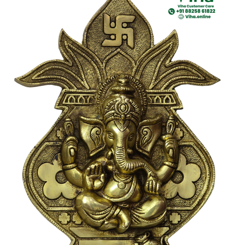 Kalasam (ritual pot) Ganesha Wall Hanging - Brass with figure with elephant head seated centrally